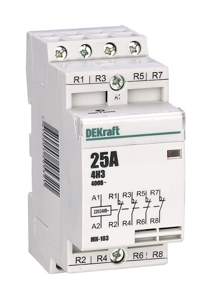 А75. Контактор модульный МК103  18056DEK 4р 16А 230В на Din-рейку (DEKraft)