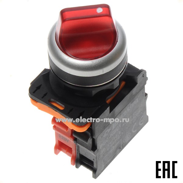 А5147. Выключатель поворотный PB0-AK124M5 красный 2 положения 1р c фиксацией, с подсветкой 220В AC IP65