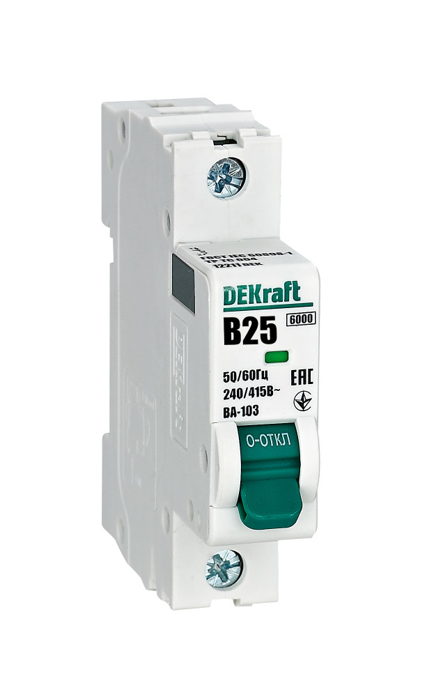 А05. Автоматический выключатель ВА-103-1P-25A-B 12211DEK В25А/1п/ 6кА на Din-рейку (DEKraft)