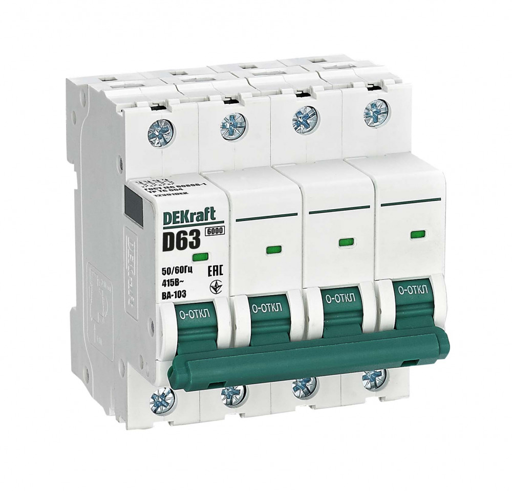 А05. Автоматический выключатель ВА-103-4P-63A-D 12391DEK D63A/4п/ 6кА на Din-рейку (DEKraft)