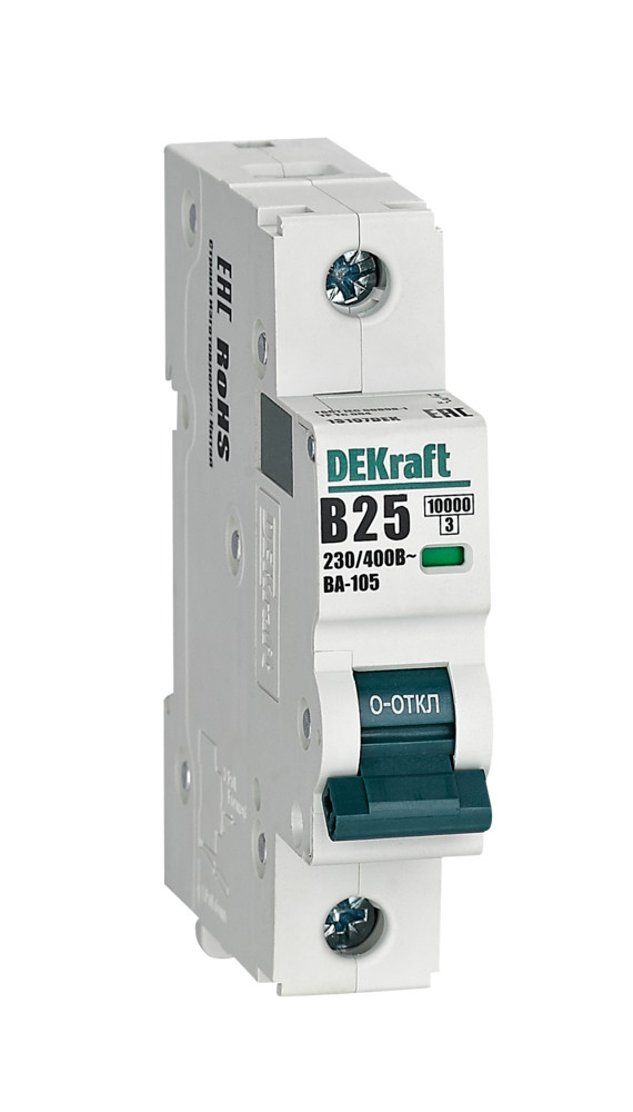 А01. Автоматический выключатель ВА-105 13107DEK 1P 25A х-ка B 10кА (DEKraft)