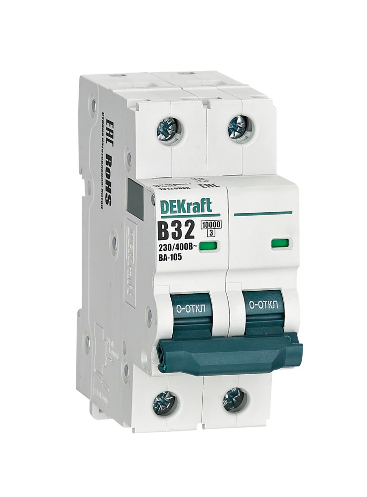 А01. Автоматический выключатель ВА-105 13120DEK 2P 32A х-ка B 10кА (DEKraft)