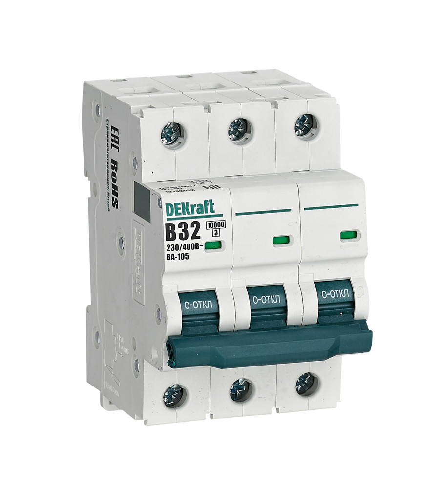 А01. Автоматический выключатель ВА-105 13132DEK 3P 32A х-ка B 10кА (DEKraft)