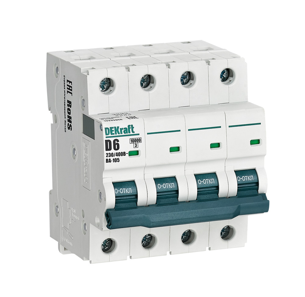 А01. Автоматический выключатель ВА-105 13235DEK 4P 6A х-ка D 10кА (DEKraft)