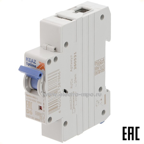 А1185. Автоматический выключатель OptiDin ВМ-63-1D6 6А/1п/ 6кА на Din-рейку 260531 (КЭАЗ)