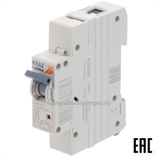 А1189. Автоматический выключатель OptiDin ВМ-63-1D16 16А/1п/ 6кА на Din-рейку 260519 (КЭАЗ)
