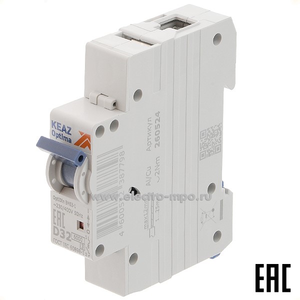 А1192. Автоматический выключатель OptiDin ВМ-63-1D32 32А/1п/ 6кА на Din-рейку 260524 (КЭАЗ)