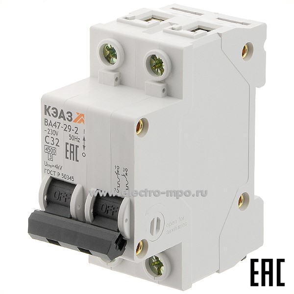 А1246. Автоматический выключатель ВА47-29-2C32 32А/2п/ 4,5кА на Din-рейку 141599/318246 (КЭАЗ)
