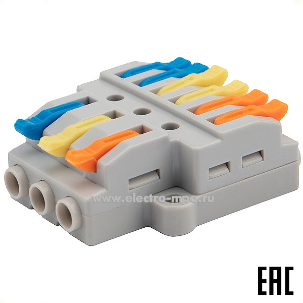 К42. Клемма 07-5233 СМК 3х2 проходная разветвительная 3 полюса с монтажной площадкой (Rexant)