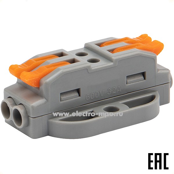 К42. Клемма 07-6262 СМК 222-422P проходная 2 полюса с монтажной площадкой (0,08-4мм2) серая (Rexant)