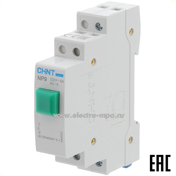 А5253. Выключатель кнопочный 584052 NP9-10/1 230В 6А 1з зеленая без фиксации без подсветки (CHINT)