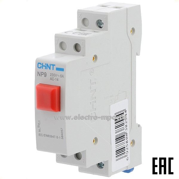 А5254. Выключатель кнопочный 584057 NP9-01/2 230В 6А 1р красная без фиксации без подсветки (CHINT)