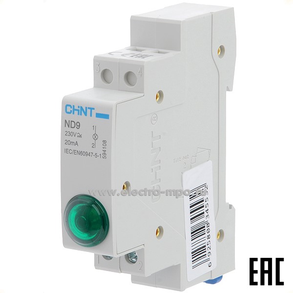 А5257. Модульный индикатор 594108 ND9-1/g зеленый AC/DC230В LED (CHINT)