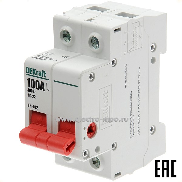 А4849. Выключатель-разъединитель ВН102-2Р-100А 17008DEK 100А 2 полюса на DIN-рейку (DEKraft)