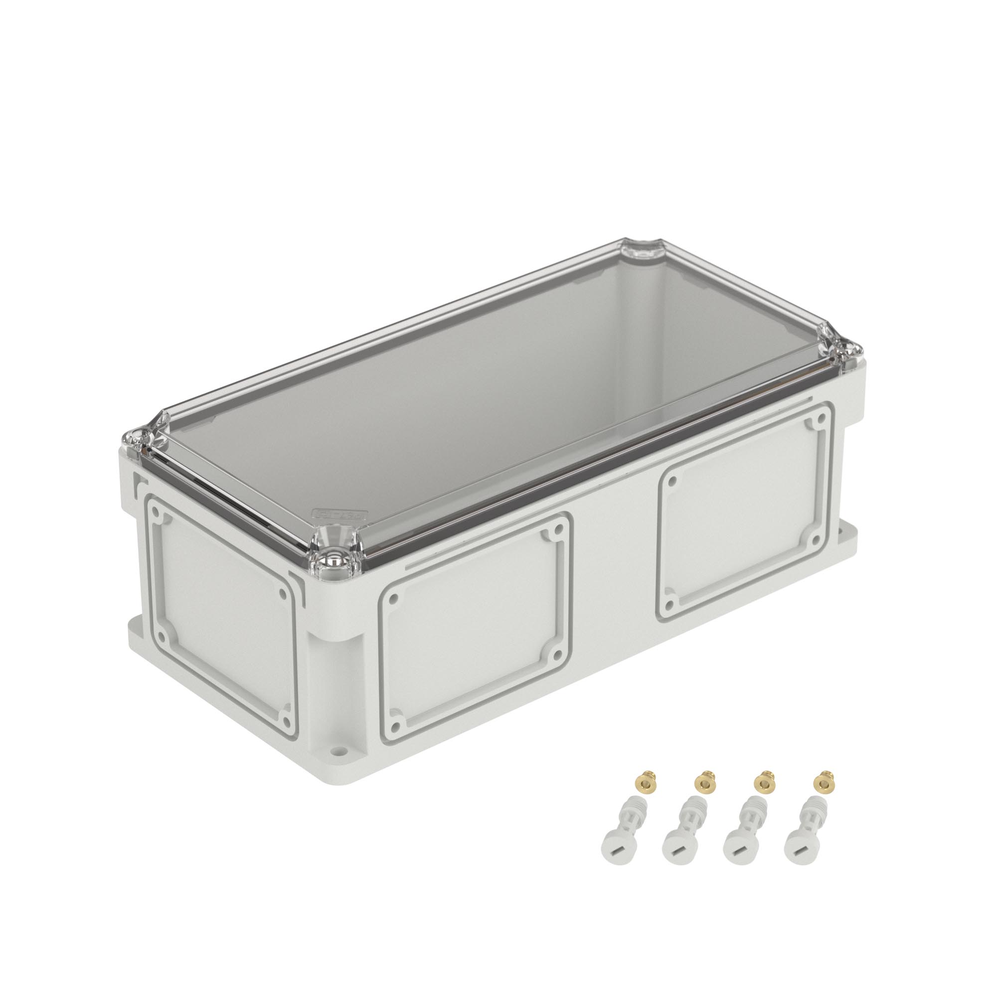 Е10. Корпус 542211 RAM box без МП 400х200х146 мм, с фланцами, прозрачная крышка высотой 21  (ДКС)