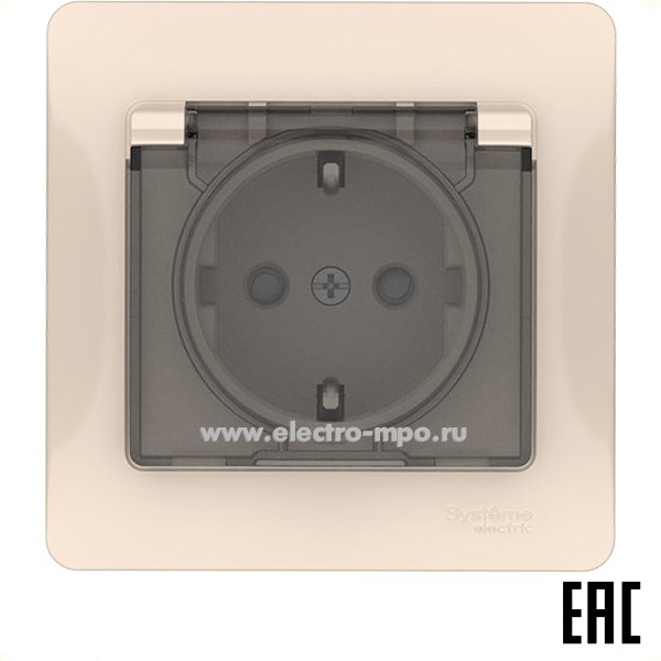 Ю21. Розетка Glossa GSL000248S "евр" с крышкой со шторками безвинт. зажим с/п бежевый IP44 (SE)
