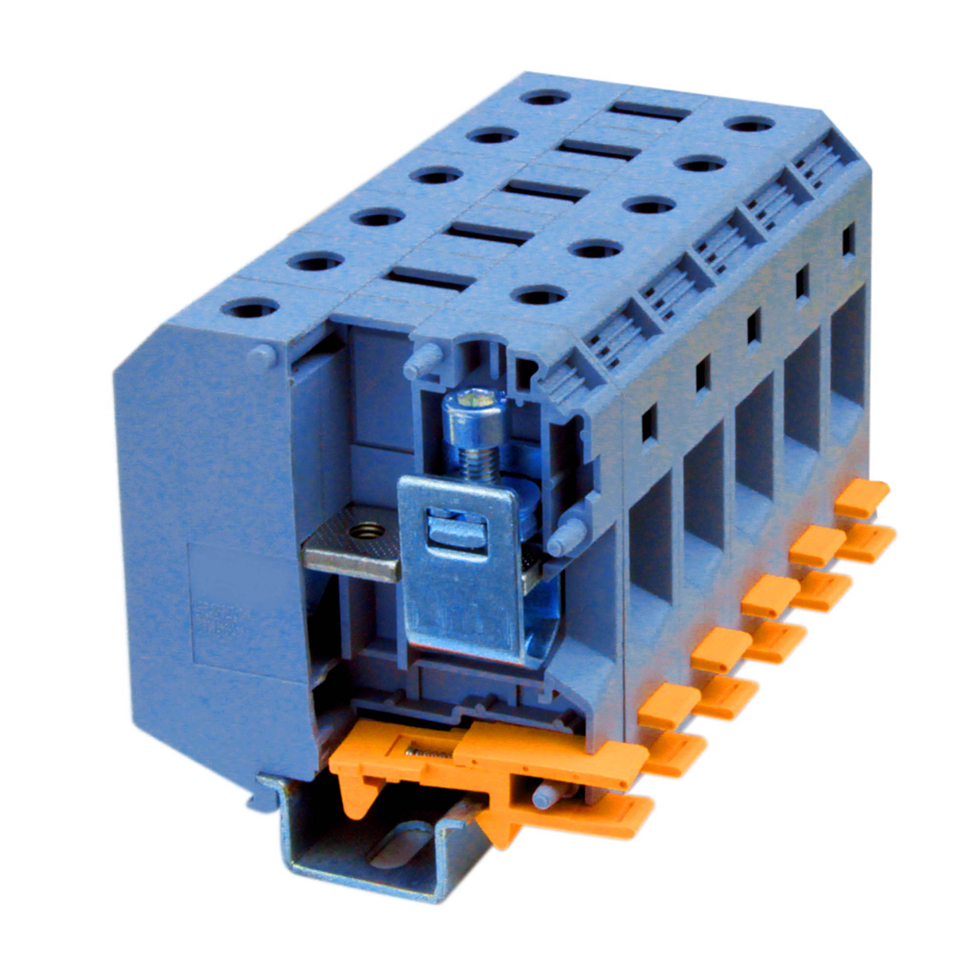 К22. Клемма KRUH-240-BU проходная, винтовой зажим, 2 точки подключения,  240 кв.мм,  (ДКС)