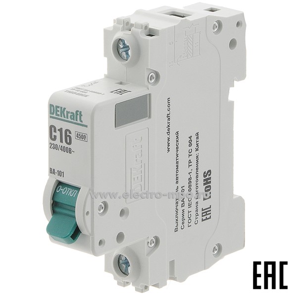 А0106. Автоматический выключатель ВА101-1P-016А-C 11054DEK C16А/1п/ 4,5кА на Din-рейку (DEKraft)
