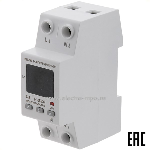 А7630. Реле напряжения RE V-32A 1ф 220В Umin120-200В/Umax210-270В 32А 1з (ROSTOKELECTRO)