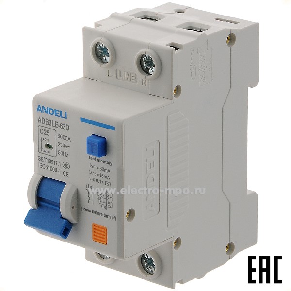 А2543. Диф. авт. выкл. ADB3LE-63D 1P+N 25А 30мА (тип AС), х-ка С, 6кА ADL02-076  (ANDELI)