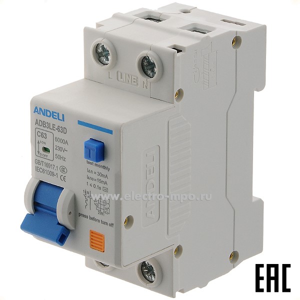 А2546. Диф. авт. выкл. ADB3LE-63D 1P+N 63А 30мА (тип AС), х-ка С, 6кА ADL02-079  (ANDELI)