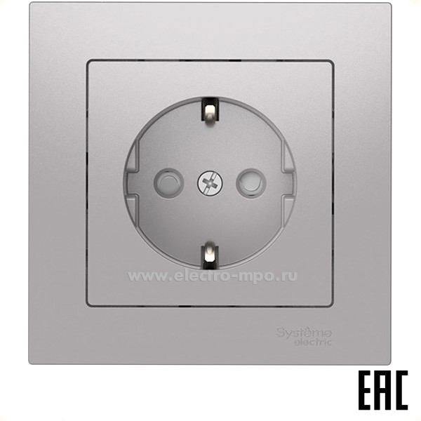 Ю52. Розетка AtlasDesign ATN000344S "евро" со шторками безвинт. зажим. с/п алюминий (Systeme Electric)