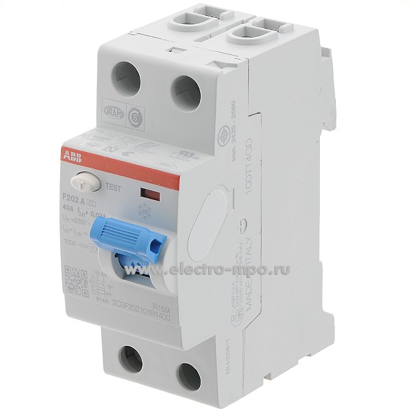 К6452. Устройство защитного откл. F202 A-40/0,1 (тип А) 40A-100мА 230/400В 2Р 6кА 2CSF202101R2400 (АВВ)