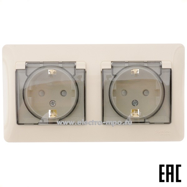 Ю09. Розетка Glossa GSL000247 двойная "евр" с крышкой со шторками с/п бежевый IP44 (Systeme)