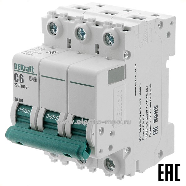 А0133. Автоматический выключатель ВА101-3P-006А-C 11076DEK C6А/3п/ 4,5кА на Din-рейку (DEKraft)
