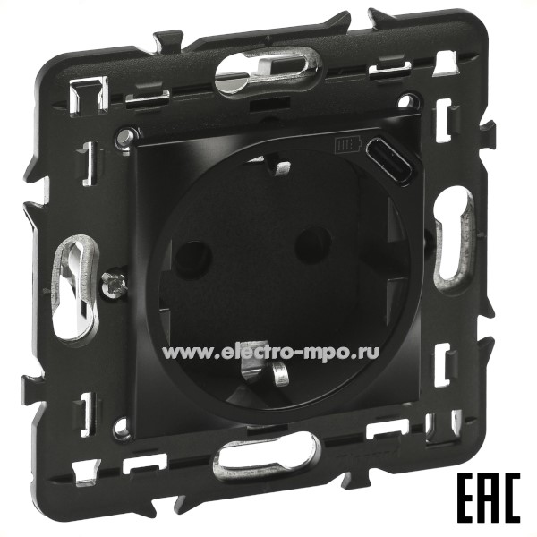 Р2751. Механизм Mosaic 079171L розетки "евр"+ USB тип С 5В 1500мА с/п 2 модуля черный (Legrand)