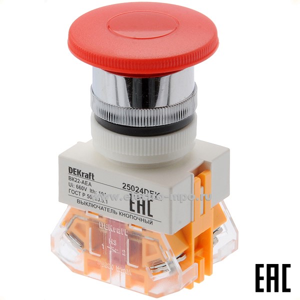 А6129. Выключатель кнопочный ВК22-AEA-RED 25024DEK "Гриб" красный 1з+1р без фиксации (DEKraft)