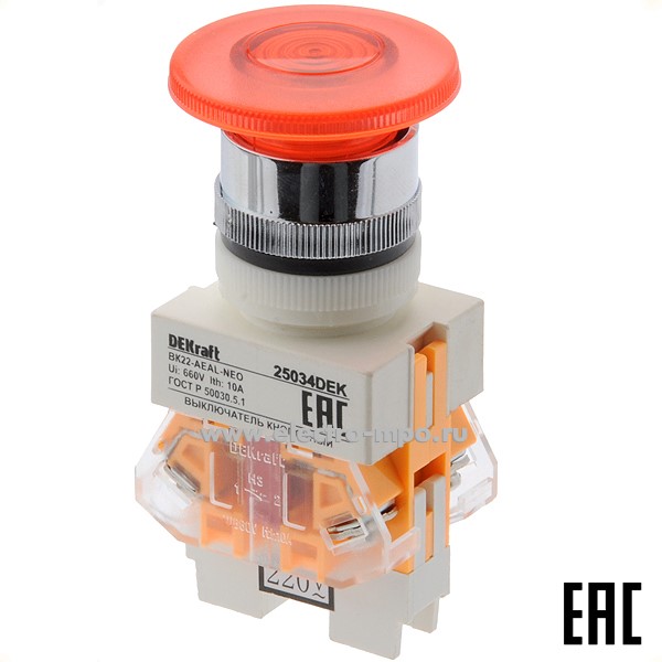 А6132. Выключатель кнопочный ВК22-AEAL-RED-NEO 25034DEK "Гриб" красный 1з+1р с фикс. 220В с подсв. (DEKra