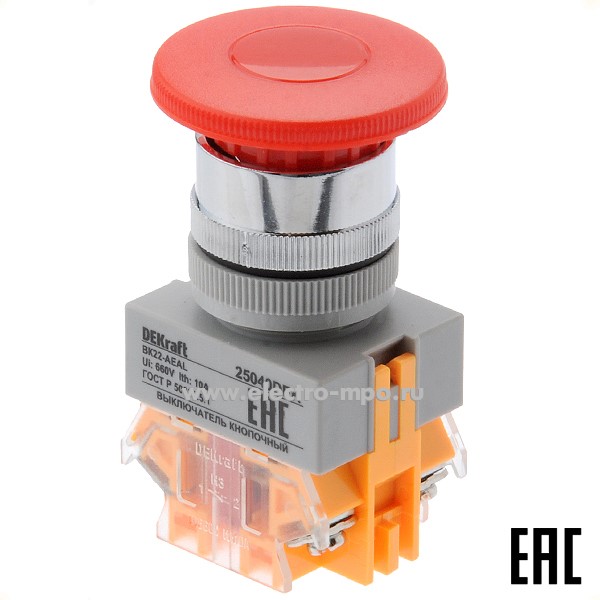 А6134. Выключатель кнопочный ВК22-AEAL-RED 25040DEK "Гриб" красный 1з+1р с фиксацией (DEKraft)