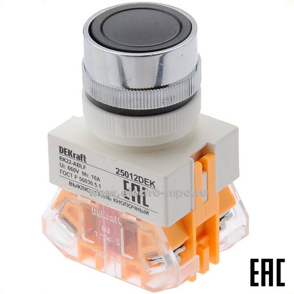 А6140. Выключатель кнопочный ВК22-ABLF-BLK 25012DEK чёрный 1з+1р без фиксации (DEKraft)