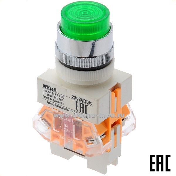 А6120. Выключатель кнопочный ВК22-ABLFP-GRN-LED 25026DEK зелёный 1з+1р без фикс., 220В, с подсв. (DEKraft)