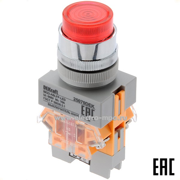 А6125. Выключатель кнопочный ВК22-ABLFP-RED-LED-24 25070DEK красный 1з+1р без фикс., 24В, с подсв. (DEKraf