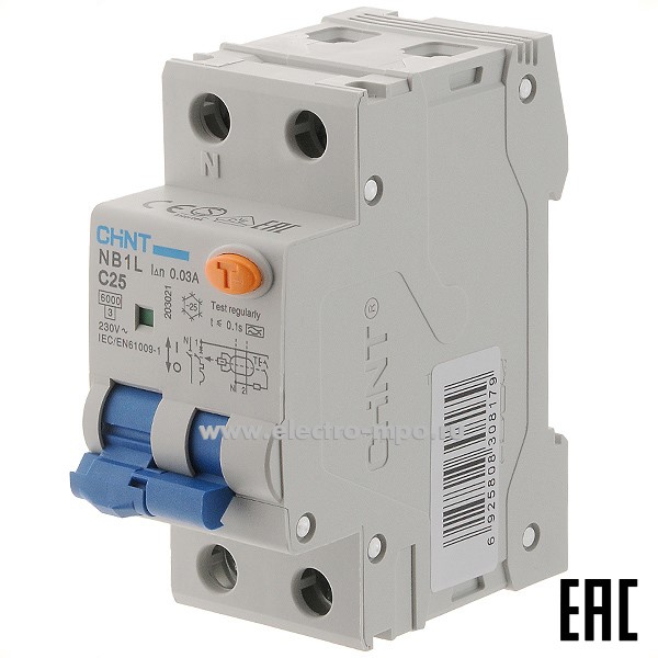 К9311. Дифф. автомат NB1L  203021 (тип А) 25А-30мА 230В 1P+N 2мод. 6кА хар-ка C (CHINT)