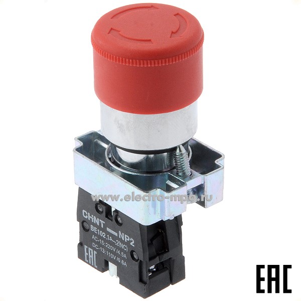 К5915. Выключатель кнопочный 574861 / 574012 NP2-BS442 "Гриб" красный 1р с фиксацией (CHINT)