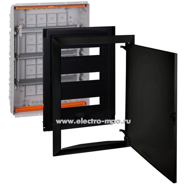 Е0478. Бокс 68154МЧ черный встраиваемый на 54 модуля с металлической дверцей с шиной IP41 (Рувинил)