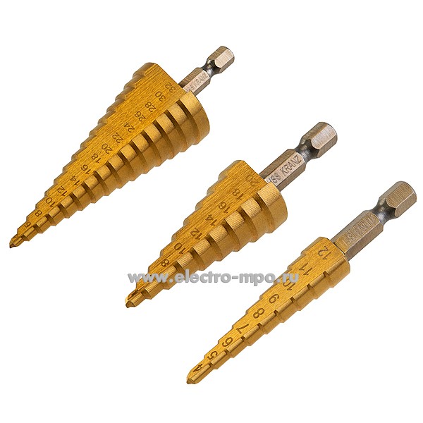 И82. Набор KR-12-6620 ступенчатых сверл 4-12, 4-20, 4-32мм HSS-TiN ТИТАН 3 шт. (Kranz)