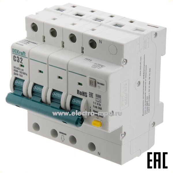 А2279. Дифф. автомат ДИФ103  16431DEK (тип А) 32А-30мА 400В 3P+N 5мод. 6,0кА х-ка С (DEKraft)