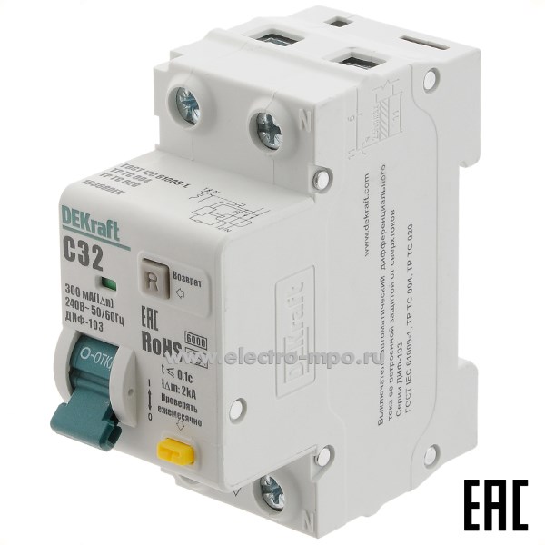 А2248. Дифф. автомат ДИФ103  16368DEK (тип А) 32А-300мА 230В 1P+N 2мод. 6,0кА х-ка С (DEKraft)