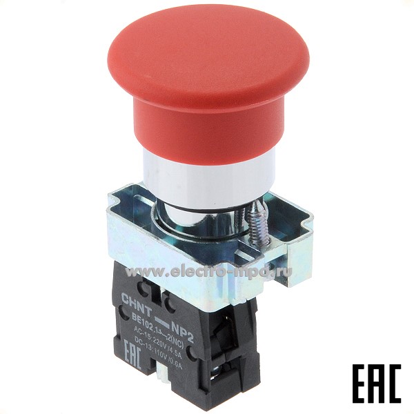 К5919. Выключатель кнопочный 574846 / 573974 NP2-BC42 "Гриб" красный 1р без фиксации (CHINT)