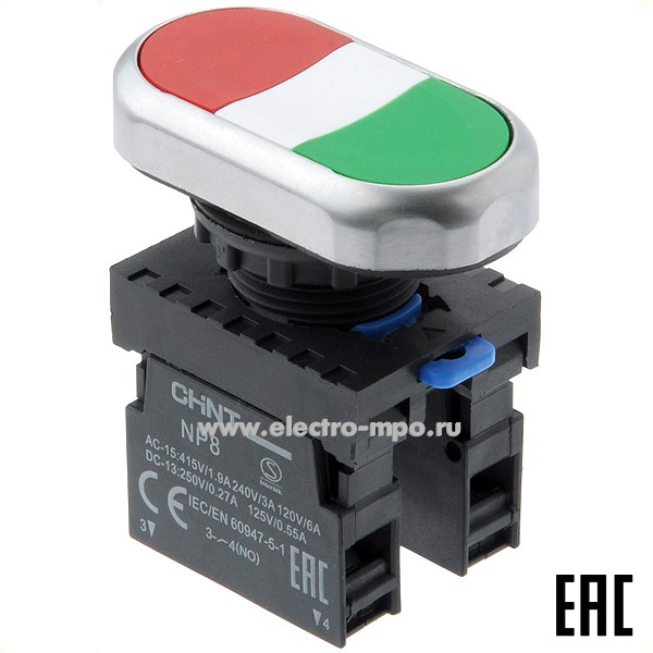 К5981. Выключатель кнопочный 577846 / 667178 NP8-11S двойной красный/зеленый 1з+1р без фиксации (CHINT)