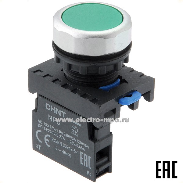 К5967. Выключатель кнопочный 577901 / 667232 NP8-10BN/3 зеленый 1з без фиксации (CHINT)