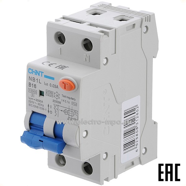 К9739. Дифф. автомат NB1L  203099 (тип АС) 16А-30мА 230В 1P+N 2мод. 10кА хар-ка B (CHINT)