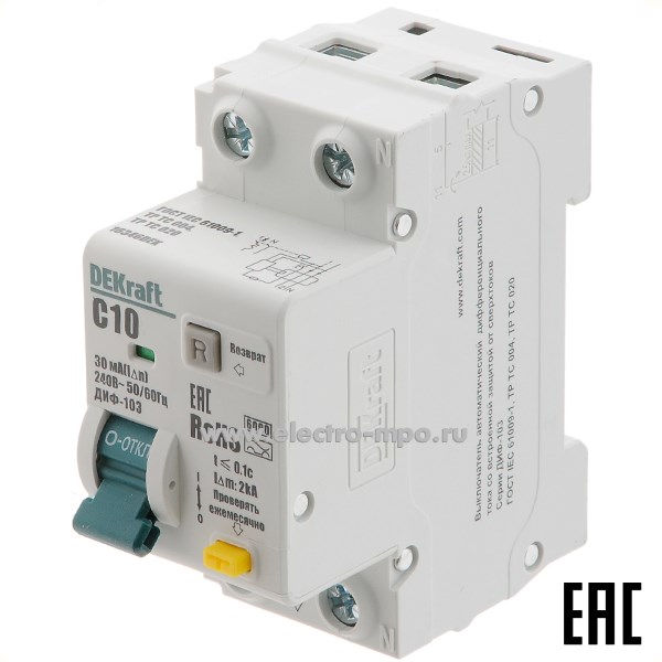 А2234. Дифф. автомат ДИФ103  16346DEK (тип А) 10А-30мА 230В 1P+N 2мод. 6,0кА х-ка С (DEKraft)