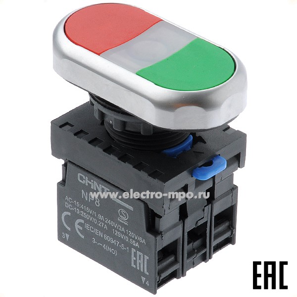 К5982. Выключатель кнопочный 577843 / 667565 NP8-11SD двойной красный/зеленый 1з+1р без фиксации подсветка