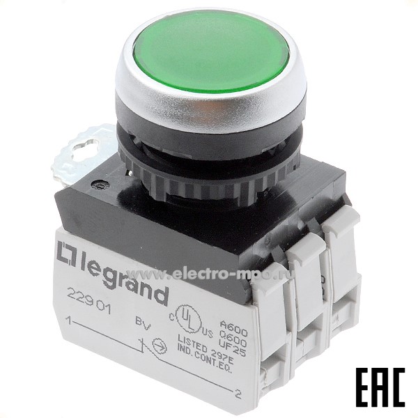 К9017. Выключатель кнопочный 023759 зеленый 1з+1р без фиксации с подсветкой 230В (Legrand)
