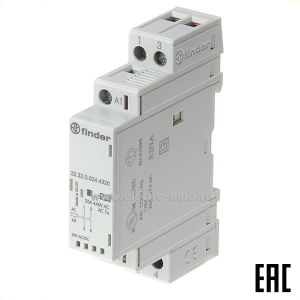 А94. Контактор 223200241520 модульный 24В АС/DC 25А 1з+1р LED серия 22 (Finder)